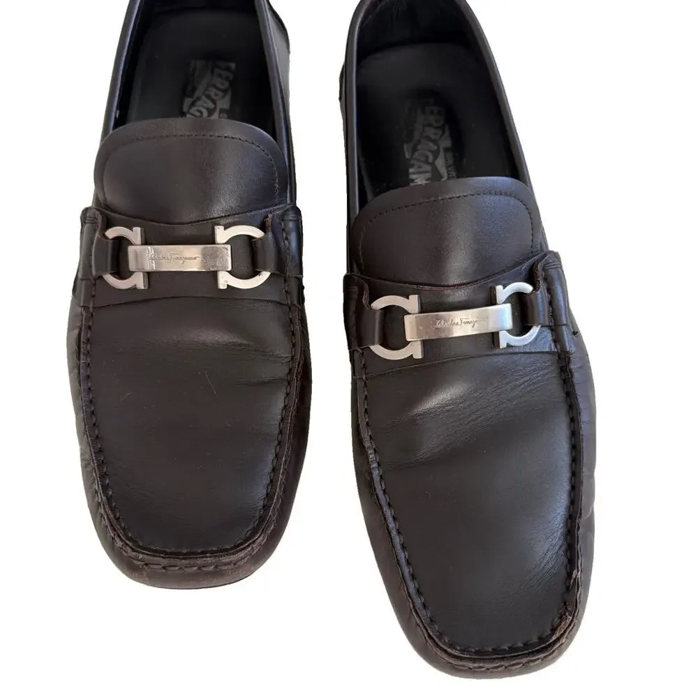 SALVATORE FERRAGAMO Driver Gancini Ornament Brown Loafers Shoes US 9.5 EU $750